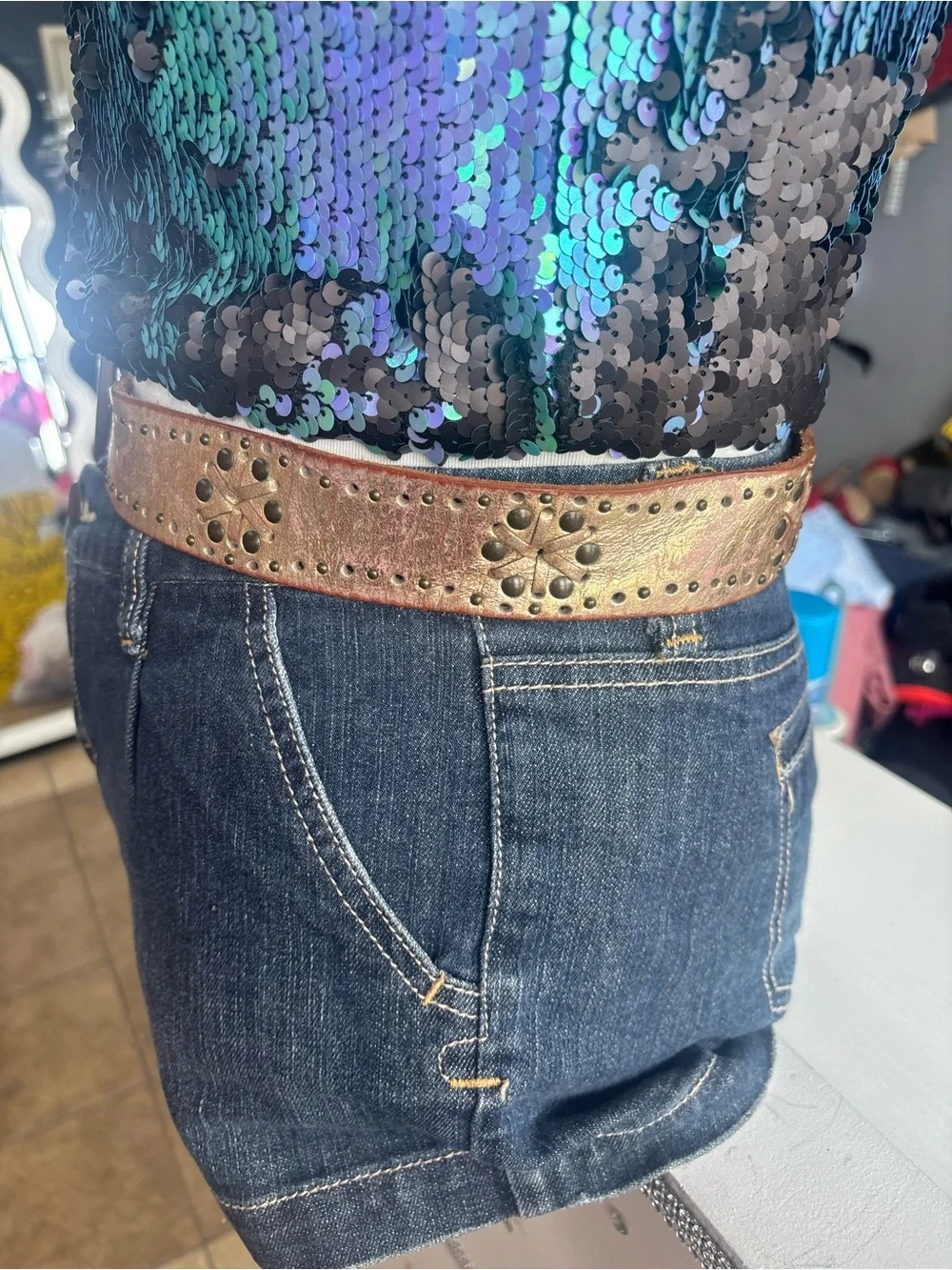 Vintage Y2K Fossil Metallic Gold Perforated Leather Belt